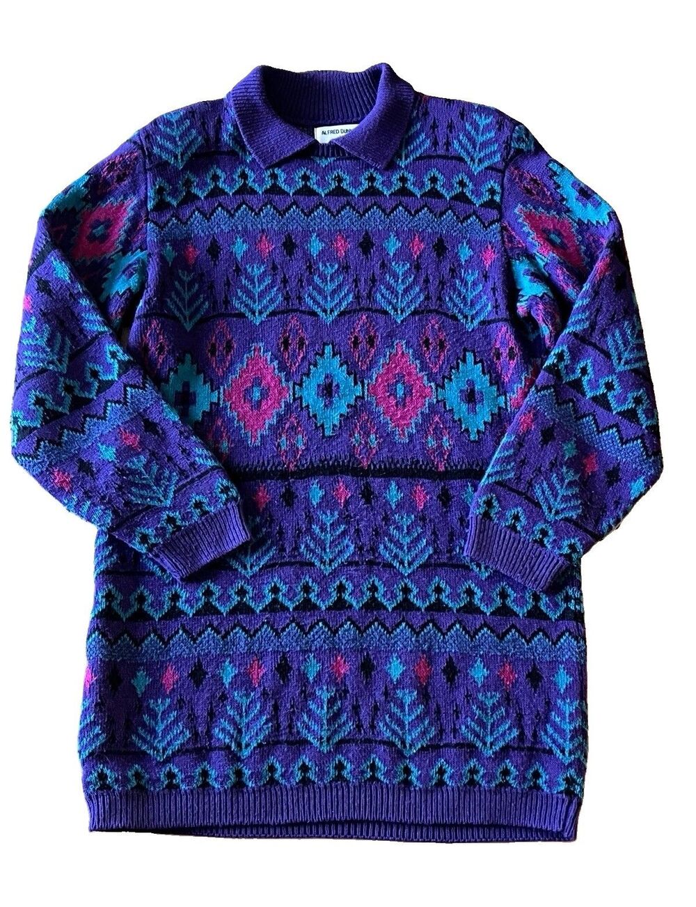 Vtg Alfred Dunner Knit Pullover Sweater Purple Geometric Collared Size M USA